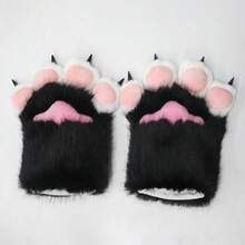A Pair Of Adorable Plush Cat Paw Gloves-Featuring Soft Fur And Realistic Claws-Perfect For Halloween, Christmas Costumes, And Role-Playing Theme Parties - 黑色 - 查看 1