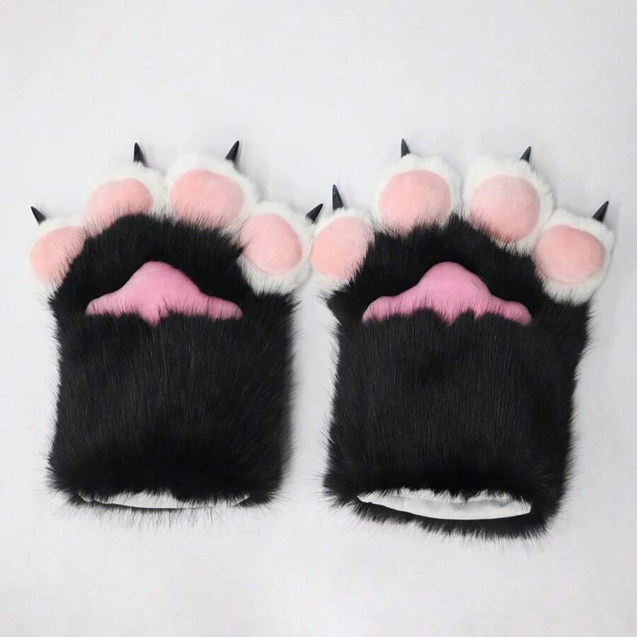 A Pair Of Adorable Plush Cat Paw Gloves-Featuring Soft Fur And Realistic Claws-Perfect For Halloween, Christmas Costumes, And Role-Playing Theme Parties - 黑色 - 查看 1
