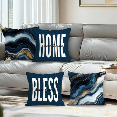 4pcs Deep Blue Marble Texture Pillow Covers Set 100% Polyester,17. 7X17. 7 Inch Set Of 4 Square Soft Pillow Cases Modern Couch Pillows For Living Room Home Bedroom Sofa Car Office Decor, Modern High Listed Printed Pillow Covers (No Pillow Core)