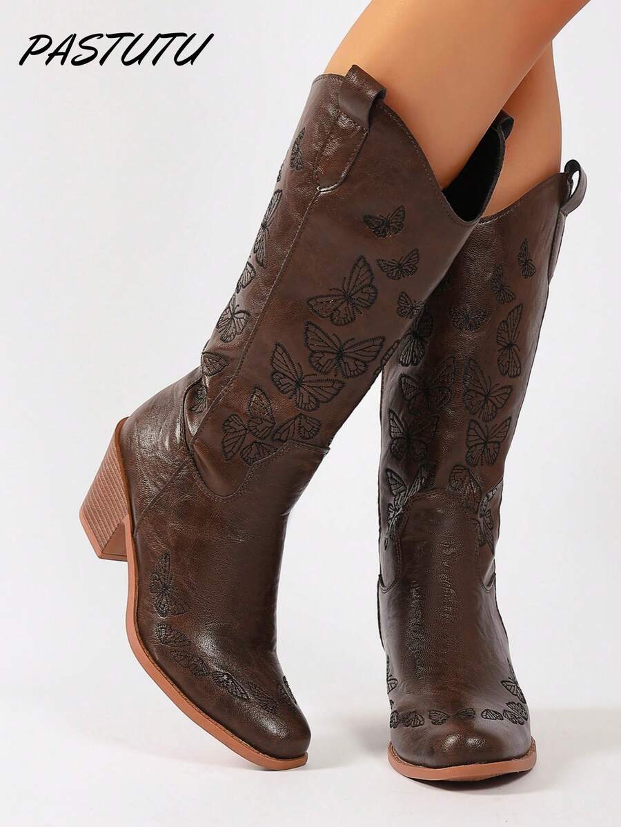 Brown Western Style Fashion Square Toe Butterfly Embroidery Chunky Heel Pull-On Mid-Calf Cowboy Boots For Women, Autumn/Winter - Dark Brown - View 1