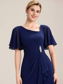 EVERPRETTY Navy Blue Chiffon Bridesmaid Dress With Diamond Decor, Soft Asymmetrical Ruffle Hem, Suitable For Wedding, Formal Dinner - Navy Blue - View 6