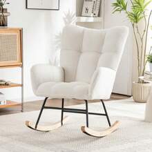 White Ergonomic Rocking Chair, Height 92cm, Seat Width 65cm - Includes Footrest (49*38*38cm), Sturdy Rubberwood Frame, Load Capacity Up To 250lbs, Rocking Chair With Hangers, Armchair