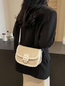 1 件装 时尚米色绒面仿毛皮饰边迷你手提包 女士 - 米色 - 查看 6