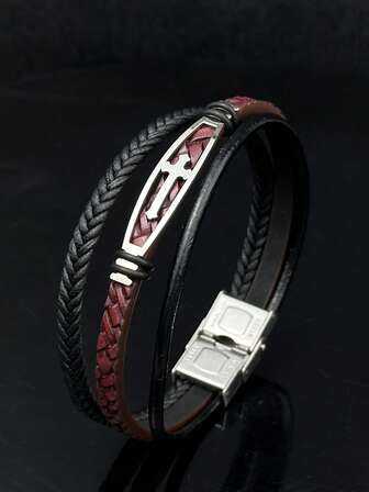 Adjustable 3-Layer Braided Cross Bracelet For Men - Fashion Black & Red Religious Symbol Design, Versatile Accessory For Daily Wear Or Gift, Unique Style, Refined Metal Clasp