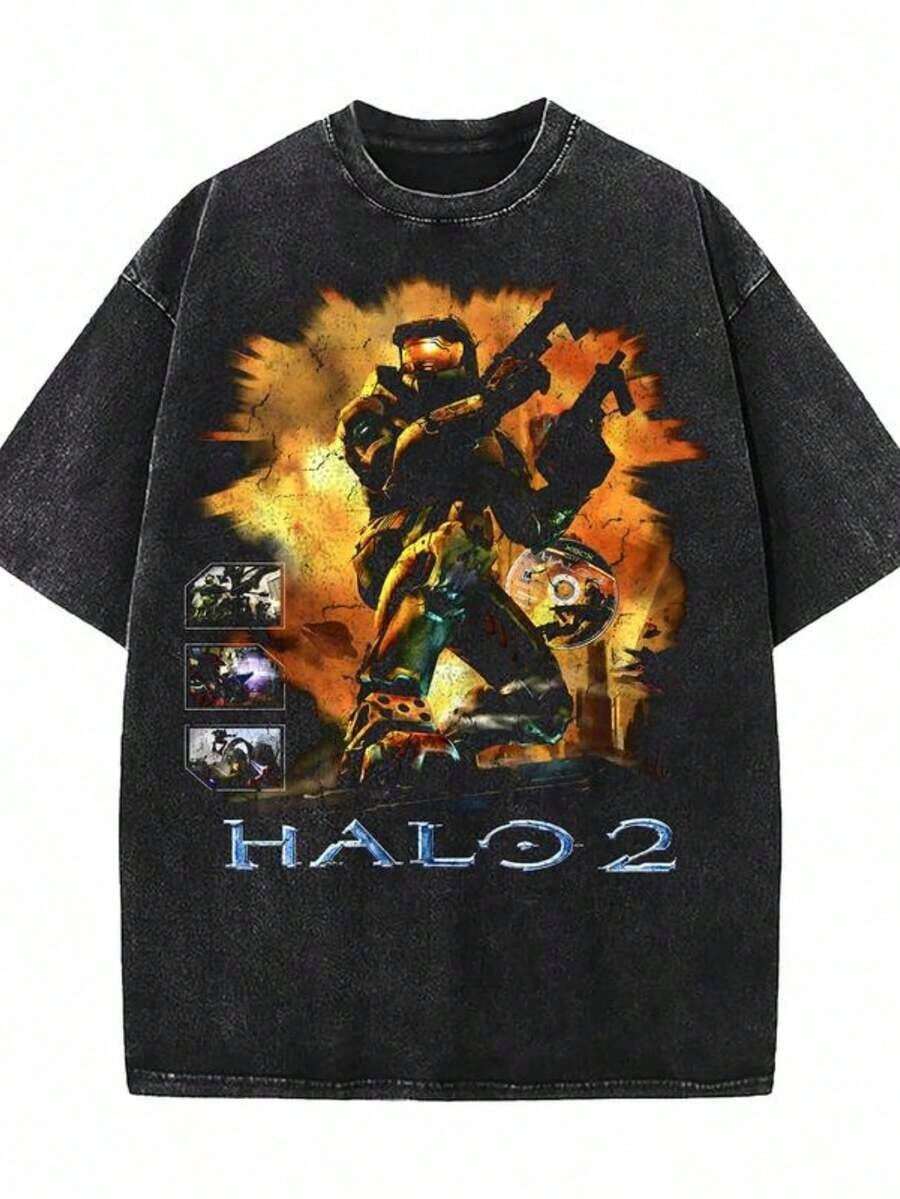 Washed Halo 2 T-Shirt Oversized Unisex Acid Wash Lightweight Cotton T-Shirt, Game Enthusiast, Fabric Mens Top Collar Streetwear Cropped T-Shirt Edgy Street Style Fashion, Perfect For Daily & Party Outfits - 黑色 - 查看 1
