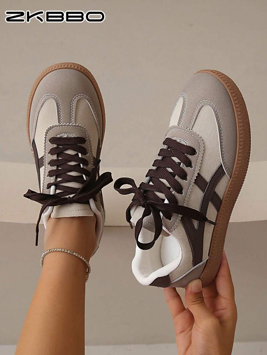 ZKBBO Women's Casual Sneakers, Flat, Lightweight, Comfortable For Fitness, Walking, Skateboarding - Khaki - View 1