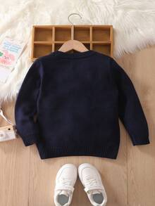 少女卡通熊圆领长袖休闲针织套头毛衣 - 寶藍色 - 查看 2