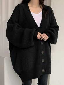 Women's Oversized Chunky Knit Cardigan, Lazy Loungewear Style Fall/Winter Long Outerwear For Daily Commute & Casual Wear - Black - View 2