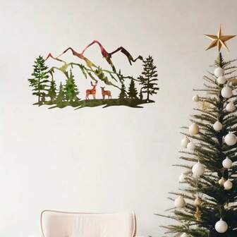 1 件彩色圣诞墙面艺术装饰，露营森林鹿狩猎风格金属铁艺壁挂，山间小屋装饰金属鹿，现代墙面装饰，墙面艺术，客厅儿童房卧室装饰