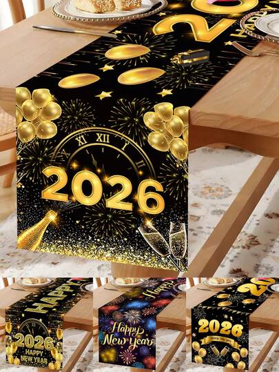 1 pezzo Runner da tavolo per Capodanno 2026 con design nero e oro, 180*35cm in poliestere con motivi di fuochi d'artificio, orologio, palloncini dorati e nastro dorato, adatto come runner da tavolo per la decorazione del Capodanno 2026, forniture per la decorazione del festa di Capodanno, decorazione della tavola in cucina per il Nuovo Anno, regali per il festa di Capodanno, decorazione della scena del festa di Capodanno, decorazione di Capodanno