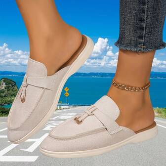 时尚舒适的平底拖鞋，女士平底套脚鞋，米色穆勒鞋，套脚设计，优雅圆头，室内外皆宜，四季皆可穿着，柔软布面鞋面，橡胶防滑鞋底，批发零售