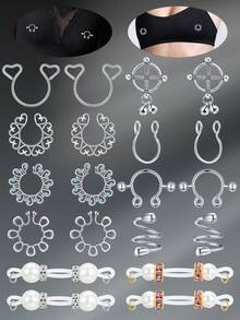 CIZME 1 对女士不锈钢假乳头环，非穿孔乳头环夹式乳头环，假身体穿孔首饰假乳头环身体首饰 - Fake Nipple Ring-A - 查看 5