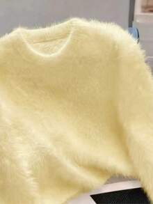 White Mink Cashmere Sweater For Women, Short Knitted Top, Elegant Daily Wear, Autumn/Winter - Light Yellow - View 3