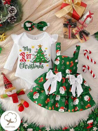3pcs Baby Girls Christmas Outfit: White Ruffle Collar Long Sleeve Romper With "My 1st Christmas" Print, Green Santa Claus Print Double Layer Pinafore Dress With Bow Decor, And Bow Headband. Suitable For Christmas Wear