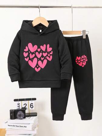 Conjunto de sudadera con capucha y pantalones casuales con estampado de corazón para niñas, otoño/invierno