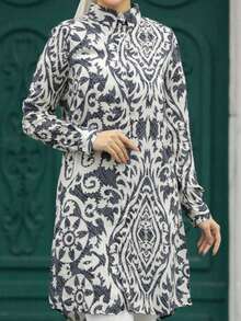 Women's Long Sleeve Allover Print Casual Arabic Clothing Blouse,Modest