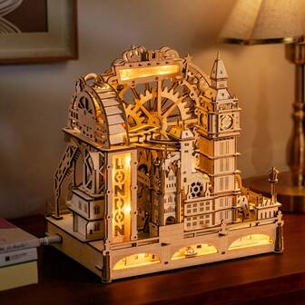 ROBOTIME 3D Wooden Puzzle Marble Track - London City Model With LED Lights, 431-Piece Mechanical Building Set, Perfect For DIY Educational Engineering Art Gifts For Adults And Teens