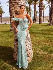 Faeriesty Luxuriöses Abendkleid im Meerjungfrauenstil mit Pailletten & Perlen, mit Off-Shoulder & Rüschen-Blumen-Akzenten, maßgeschneiderter Fischschwanz-Silhouette & Rückenbindung - perfekt für Hochzeiten, Abendgalas, Rote-Teppich-Events & formelle Dinners, Weihnachts-Partnerlook