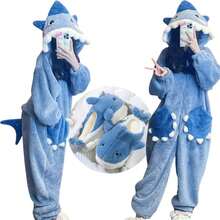 Autumn And Winter Flannel One-Piece Pajamas For Women's Home Wear, Thickened Shark Hooded Long Plush Warm Cartoon Set, Cute And Funny Cartoon Shark Hooded Warm Outerwear Home Wear Perfect Birthday Gift, Halloween Gift, Christmas Gift - Nhiều màu - Xem 2
