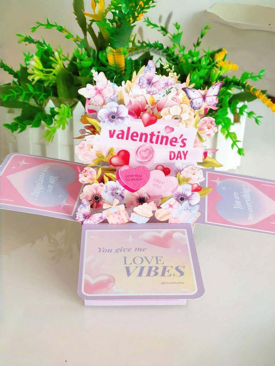 Valentine's Day Purple Butterfly Gift Box Greeting Card - Multicolor - View 1