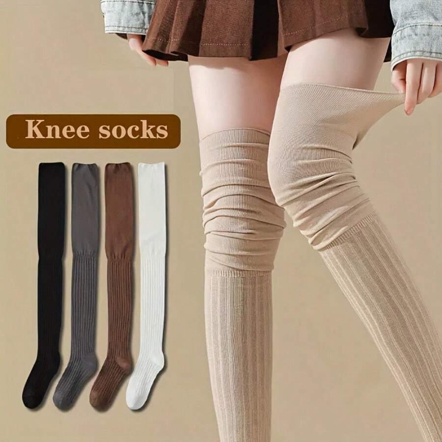 1/3/5 Pairs Women'S Warm Thick Calf Socks - Slim Fit, Solid Color With Side Stripes, Machine Washable, Perfect For Autumn & Winter Boots, Casual & Stylish Design, Winter Socks | Slim Fit Socks | Texture - Over-the-knee Socks - View 1