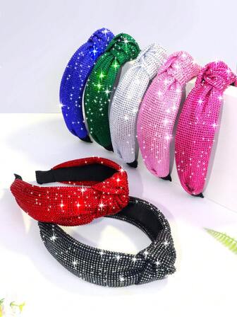 1pc Women's Shiny Cute Rhinestone (Glass) Black & White Simple Fully Rhinestoned Fashionable Lux Green Christmas, Pink & Red Valentine's Day Wide Knotted Headband ,Hair Hoop Hairband For Women