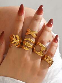 5pcs/Set Stainless Steel 18K Gold Plated Exaggerated Thick Leaf Line Open Ring, Suitable For Women's Daily Wear - Multicolor - View 3