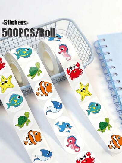 500pcs/Roll Ocean Animal Stickers, Fish Motivational Sticker Roll 1inch, Starfish, Turtle Stickers, Decorative Waterproof Labels, Suitable For Teachers, Parents, Schools, Learning, Crafts, Dolphin Encouragement Stickers, Gifts, Stationery, Back To School