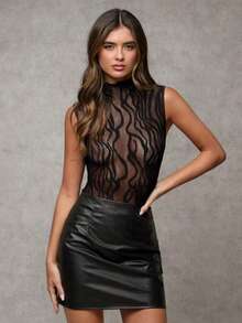 Women's Sexy Hollow-Out Sheer Mesh Halter Neck Bodysuit, Suitable For Summer Vacation - Black - View 9