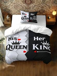 2/3pcs Heart Queen Crown Pattern Digital Print Brushed Duvet Cover Set, Soft & Comfortable, Suitable For Bedroom, Guest Room, Gaming Room, Hotel, Dorm, Valentine's Day Bedding - Multicolor - View 2