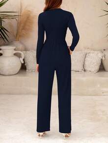 Overol de una pieza para mujer, elegante, casual, de manga larga, cuello redondo, pierna ancha, trajes de vacaciones 2025 - Azul Marino - Ver 2