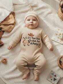 Baby Boy Jumpsuit And Hat Set Long Sleeve Letter Print Romper With Cap Newborn Western Outfit - Beige - View 3