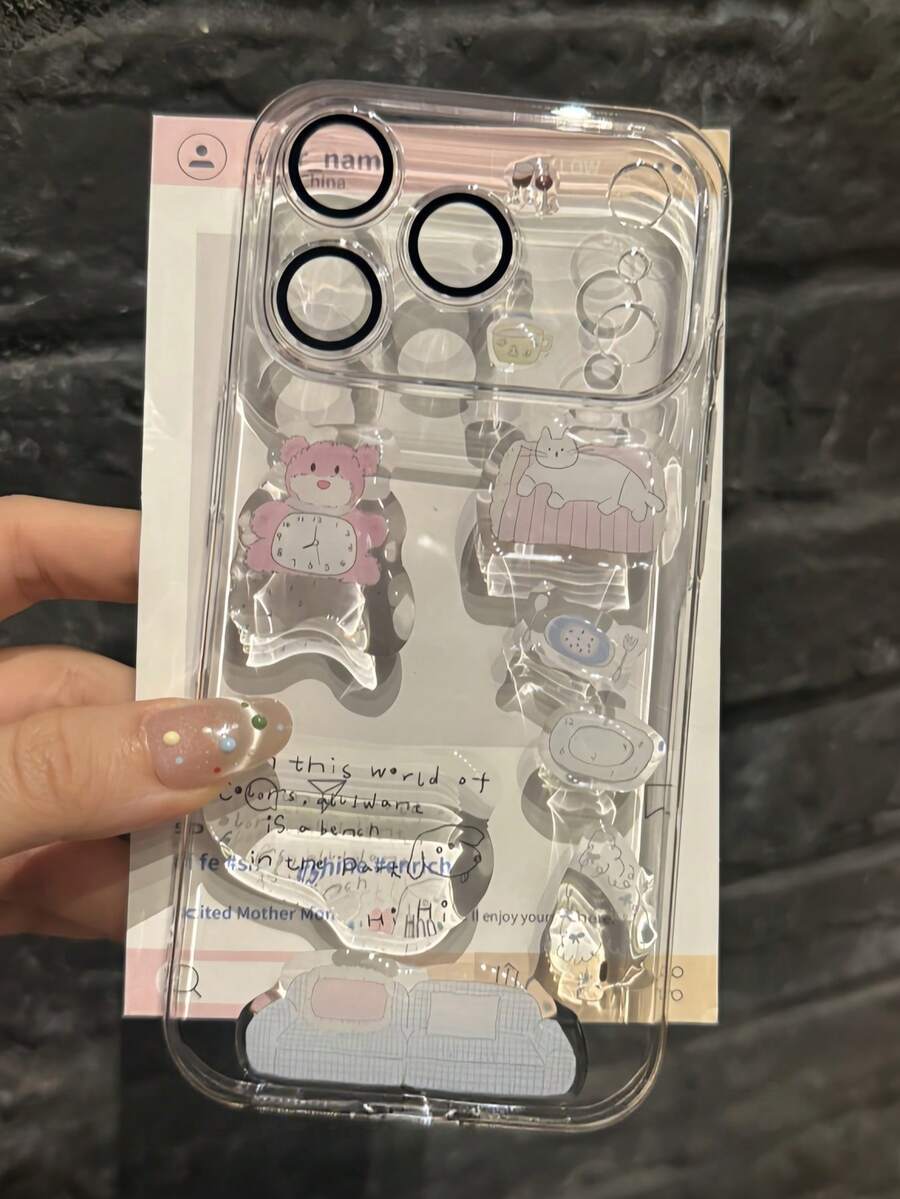 DIY Cute Funny Illustration Sticker Transparent Phone Case Compatible With IPhone 17 ProMax 17Pro 17 Air 17 16 ProMax 15 14 13 12 11 Pro Max Clear Lovely Shockproof Cover - Pink Bear Stickers - View 1