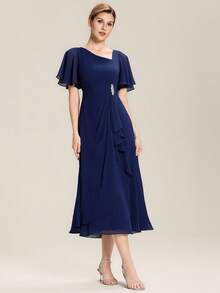 EVERPRETTY Navy Blue Chiffon Bridesmaid Dress With Diamond Decor, Soft Asymmetrical Ruffle Hem, Suitable For Wedding, Formal Dinner - Navy Blue - View 5
