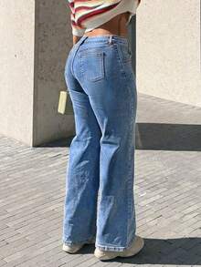 Women's Insert Pocket Loose Casual Basic Straight Jeans - Medium Wash - View 4