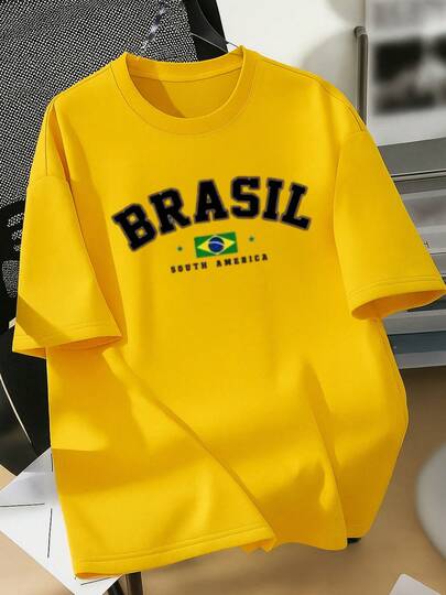 Camiseta Brasil Plus SizeVerão Estampa Brasileiro Copa do Mundo  Letra    Carnaval  Ano Novo