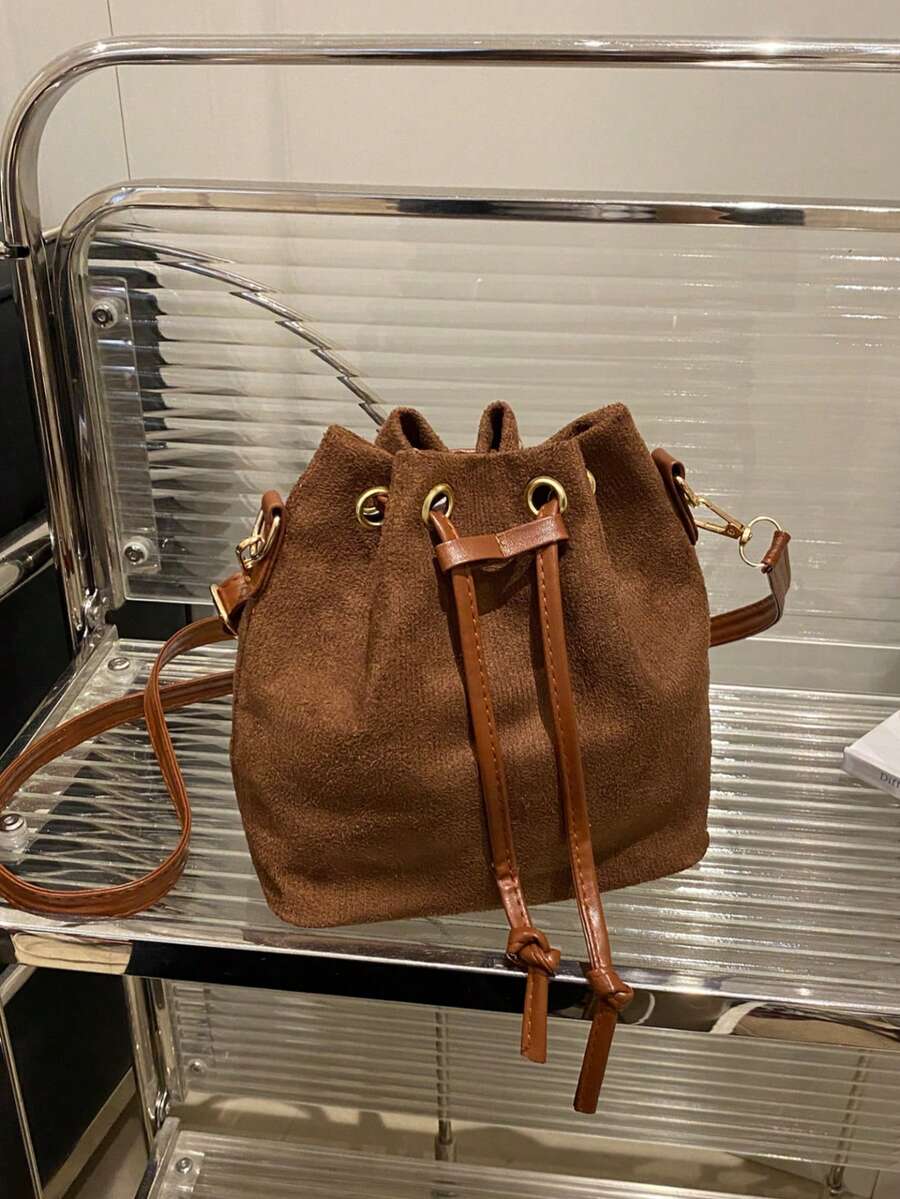 Women's Drawstring Bag Mini Crossbody Bucket Bag Quilted Casual Outdoor Bag - Brown - View 1