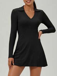 GOSOUER Women's Lapel Long Sleeve Tennis Skirt Dress V-Neck Waist Slimming Casual Fitness Workout Athletic Dress For Autumn Fall Winter