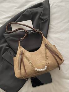 1pc Fashion Zippered Decor Women's Handbag, New Solid Color Texture Large Capacity Shoulder Bag, Multi-Pocket Pearl Chain Decor, Commuting Crossbody Bag, Retro Denim Frosted Bag, Shopping Tote, Suitable For Daily Use, Short-Distance Travel, Outing, Dating, Office Work, Business - Khaki - View 3