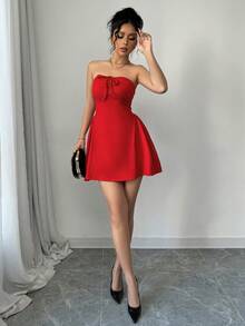 abyoxi Wearing A Cute And Sexy Strapless Bow Dress For Wedding Season - Chinese Red - View 5