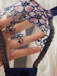 2 piezas Conjunto de lencería semitransparente con bordado floral azul marino sexy para mujer - Multicolor - Ver 5