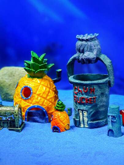 SPONGEBOB Themed Decorations, SpongeBob's House And Plankton's House, Mini Pineapple House, Miniature Landscape, Bedroom, Study, Gaming Room, Desktop, Cake Decor, Fish Tank Underwater Decor, Ideal For Holidays, Christmas Gifts, Christmas Stocking Stuffers, Birthday Gifts