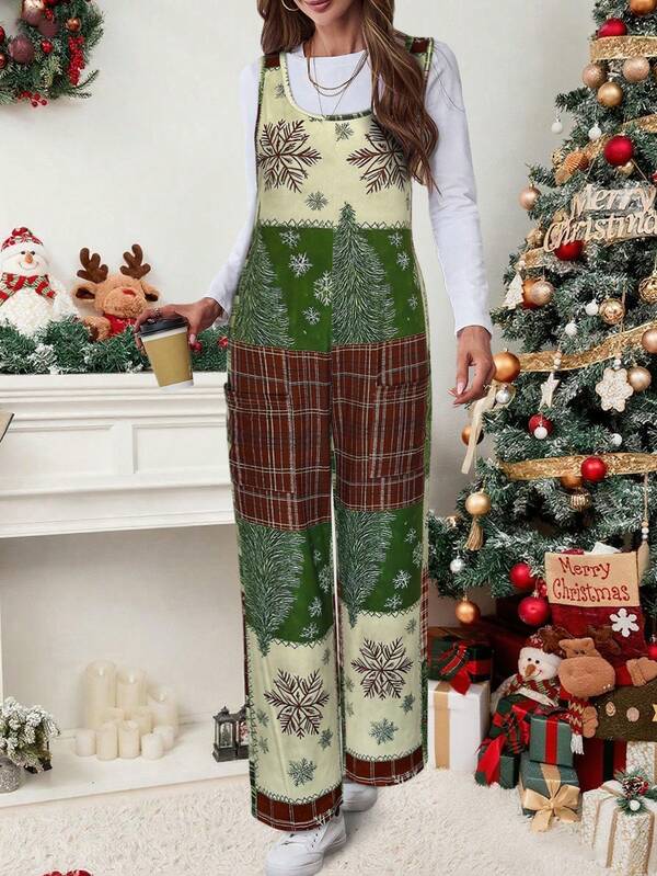 (No T - Shirt Included) Women's Christmas Santa Print Strappy Jumpsuit With Pockets, Casual Wide Leg Holiday Loungewear,Fashion Christmas Outfit For Women,Christmas Jumpsuit For Casual Daily Wear,Fashion Christmas Clothes ,Casual Fall Women Clothes