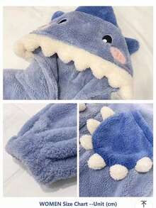 女士法兰绒连体衣，加厚鲨鱼连帽长款毛绒保暖卡通套装，可爱有趣的卡通鲨鱼连帽保暖外套，适合作为生日、万圣节、圣诞节、新年礼物，长袍可作毯子穿着，秋冬季 - 彩色 - 查看 7