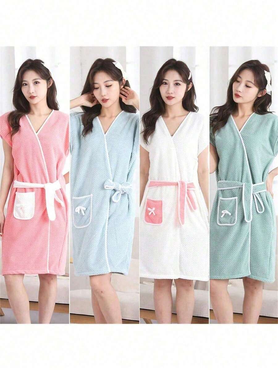 1pc Women's Coral Fleece Bathrobe, Highly Absorbent, Durable, Charming Ladies Bathrobe, Minimalist Daily Bathrobe, Bathroom Accessory, Bathroom Supplies - Multicolor - View 1