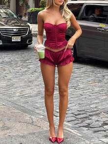 Women 2pcs Lace Trim Lounge Set Strapless Backless Tie Up Crop Bustier Corset Top Elastic Waist Shorts Casual Set - 酒紅色 - 查看 2