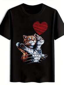 Camiseta Casual de Manga Corta para Hombre - Impresión de Tiburón y Gato de Dibujos Animados, Tela Transpirable, Ropa de Calle Cómoda para el Verano, Cuello Redondo, Ajuste Regular, Camiseta de Uso Diario| Camiseta gráfica divertida| Ajuste cómodo - Negro - Ver 1