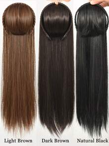 合成长直发半头带假发夹式接发蓬松自然浅棕色假发片，带发带 - 彩色 - 查看 8