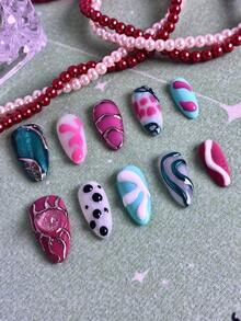 10片/套 女士美甲贴纸，法式美甲粉色渐变，粉蓝闪粉设计，全覆盖亮面亚克力可重复使用假指甲套装，含指甲胶水，适合圣诞派对、情人节约会、日常佩戴，精美礼品美甲用品，手工制作按压式美甲贴片 - 藍白色 - 查看 3