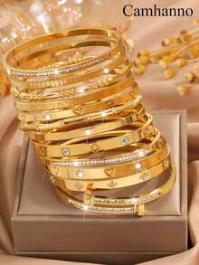 Camhanno 12/1件套华丽金色不锈钢多款式手链组合，心形罗马图案和其他设计时尚叠戴轻奢风格珠宝， - 彩色 - 查看 16